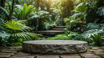 Stone platform in a lush tropical garden.