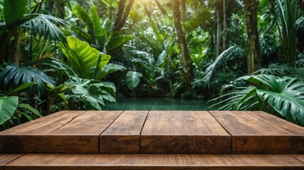 Wooden platform in a lush tropical setting.