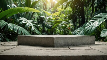 Grey concrete platform in a lush tropical garden.