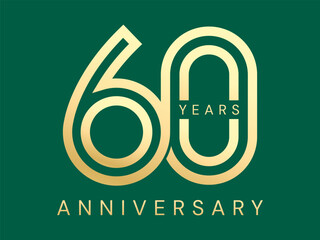 60th Anniversary luxury gold celebration with double lines connected numbers logo vector design concept. Sixty years anniversary gold logo template for celebration event, invitation, greeting, company