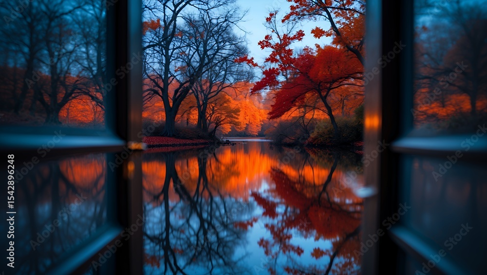 Poster autumn trees reflected in calm lake viewed through a window