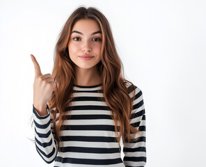 Smiling Woman in Striped Shirt Pointing Up – Studio Portrait with White Background, Perfect for Advertising, Branding, or Marketing Campaigns