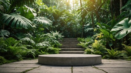 Gray concrete pedestal in a lush tropical garden.
