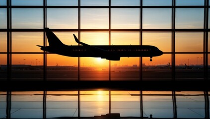 Airplane Silhouette Landing At Sunset Airport Window View
