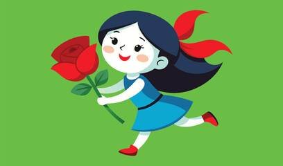 Happy girl running with a red rose