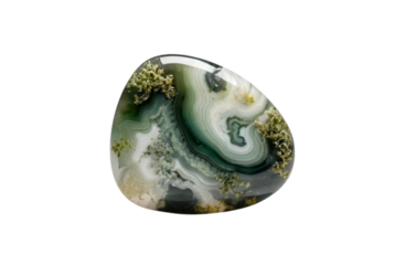 Moss agate with green and white swirls fosters emotional balance and peace