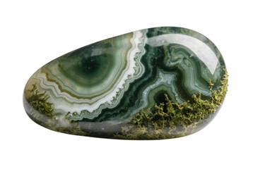 Moss agate with green and white swirls aids in grounding and stability