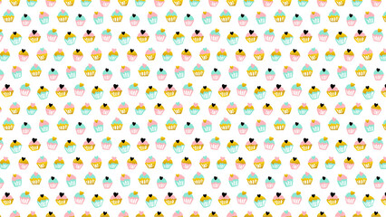 Pattern of pastel colored cupcakes with black heart toppers on a white background in a tiled format