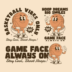 Retro Cartoon Basketball Character with Motivational Phrases