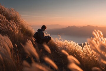 A person sits sketching on a hillside at sunrise.