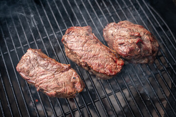 Delicious Grilled Steak with Smoke – Juicy Barbecue Meat on Open Flame
