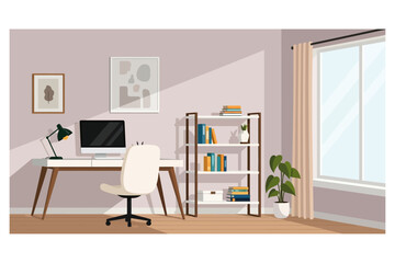 Home Office Setup with Desk, Computer and Bookshelf