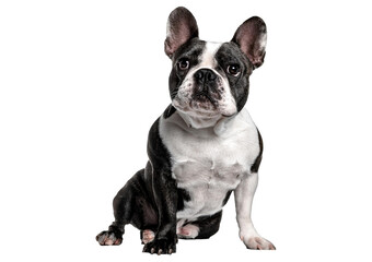 Black and white French Bulldog looking up with curiosity isolated on a transparent or white background