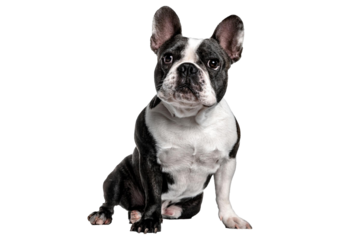 Black and white French Bulldog looking up with curiosity isolated on a transparent or white background