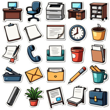 Collection of Office Supplies and Furniture Icons: A sticker set for work and business related topics