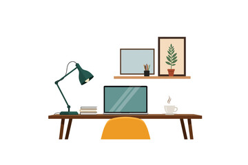 Desk Setup with Laptop Lamp and Plant Illustration