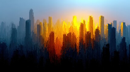 Fototapeta premium Abstract Digital Cityscape with Vibrant Sunset Color Palette