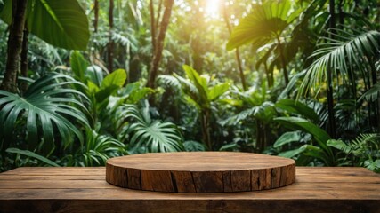 Fototapeta premium Wooden round platform in a lush tropical jungle.