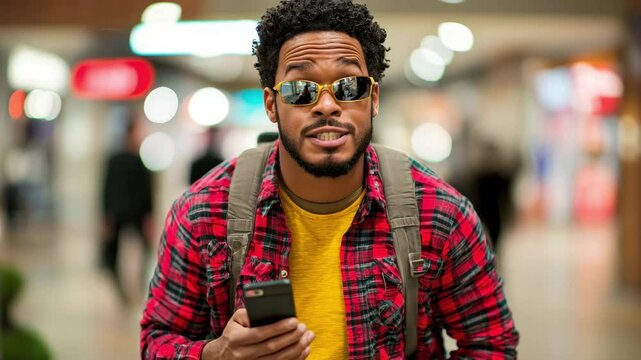 Surprised man in sunglasses, holding a phone, expressing shock in a busy public space running through a crowded mall on Black Friday.