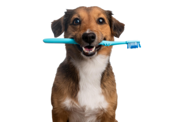 Dog holding toothbrush isolated on a transparent or white background