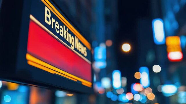 A vibrant urban scene at night, highlighting a breaking news sign, symbolizing the fast-paced flow of information.