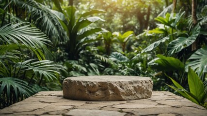 Round stone platform amidst lush greenery.