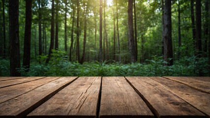 Fototapeta premium Wooden planks foreground a verdant forest.