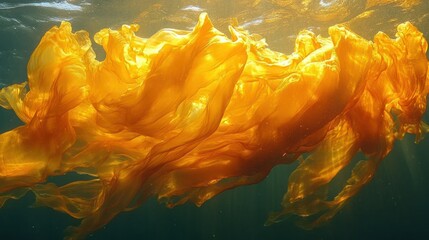 Underwater display of flowing golden material.