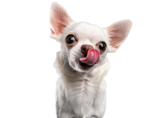 Head shot of a chihuahua licking its lips and nose, big ears isolated on a transparent or white background