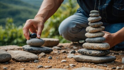 A person carefully balances small stones to form a tower.