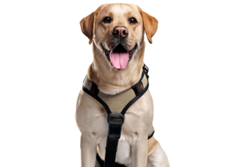 Labrador Retriever Panting and wearing a dog harness, isolated on a transparent or white background