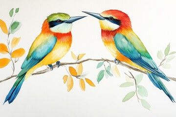 Obraz premium Beautiful beeeaters perched on a branch surrounded by autumn leaves in a tranquil setting, two beautiful birds of a bee-eater are sitting on a branch