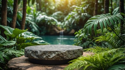 Circular stone platform in a lush tropical garden.