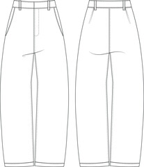mid high rise waist baggy tapered wide leg trouser pant  darted jean denim template technical drawing flat sketch cad mockup fashion woman design style model 
