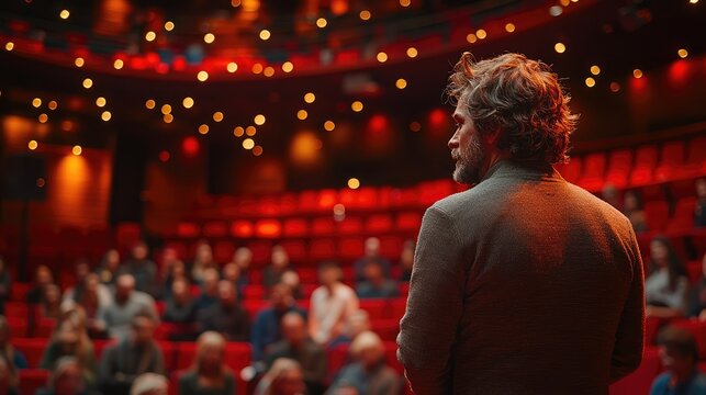 Man speaking at conference in theater