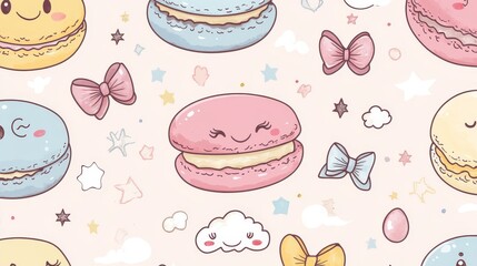 77.Playful vector depiction of pastel-colored macaroons adorned with expressive doodle faces and tiny sketched elements like bows, clouds, and sparkles.