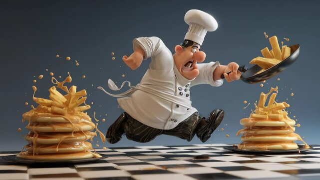 Cartoon Chef Running with Frying Pan Dropping Fries onto Pancakes with Caramel Sauce on Checkered Floor, Culinary Mishap