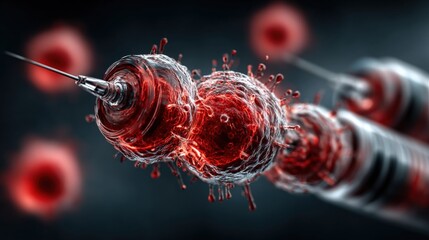 Dramatic Close-Up of Syringe Injecting Red Liquid into Cell Structure