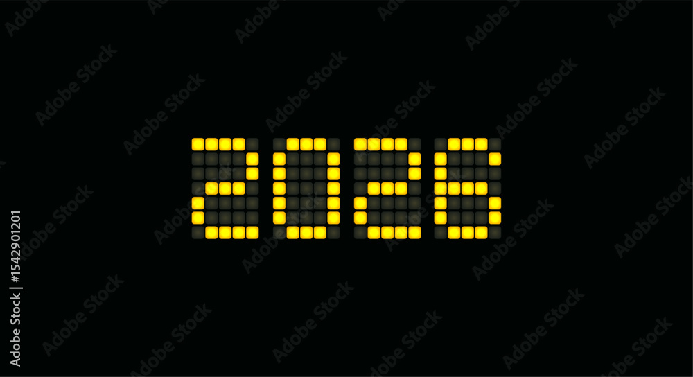 Poster Airport Pixel Style 2026 Display With Yellow Light Blocks. Travel Countdown Concept, Transit Mood, Modern Timing Graphic For Motion Design And Transport. Vector Illustration.