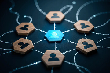 Flatlay showing network structure with central blue hexagon icon representing leader surrounded by wooden business icons, symbolizing teamwork, communication, and employee organization mapping