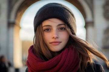 Beautiful girl enjoys the cool ambiance near the Arc de Triomphe in Paris, a perfect winter day, Beautiful girl at the Arc de Triomphe in Paris