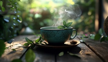 Steaming Mint Tea with Garden Table.
