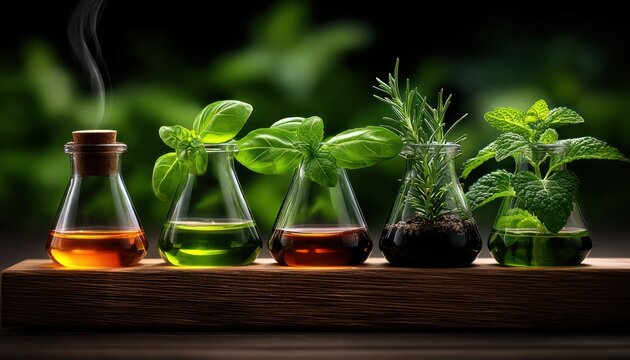 Herbal oils in glass flasks