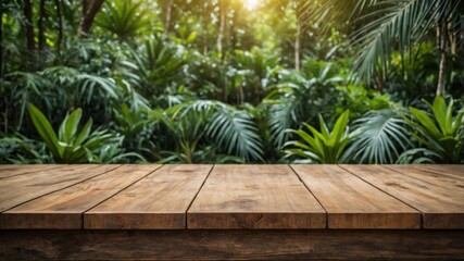 Fototapeta premium Wooden table surface with lush tropical foliage background.