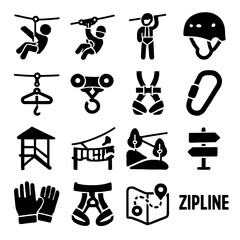 Illustrated Zipline Adventure Icons Depicting Safety Gear and Activities