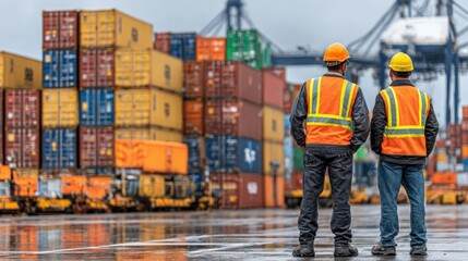 Two construction workers in safety vests and hard hats observe a busy shipping yard filled with colorful containers, reflecting teamwork and industrial efficiency in a vibrant environment