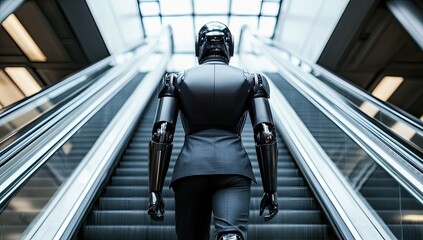 A humanoid robot paused on an escalator in a minimalist urban setting, surrounded by metal and glass