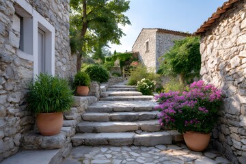 Fototapeta premium Stone stairs leading to charming houses in a picturesque village