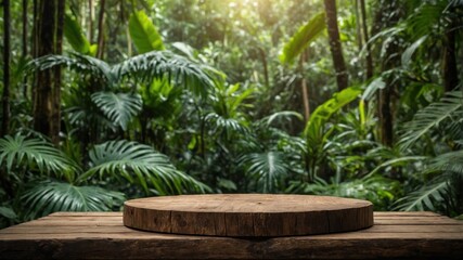 Wooden disc display on a rustic wooden surface set amidst a lush tropical forest.
