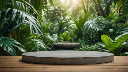 Gray stone platform in a lush tropical garden setting.